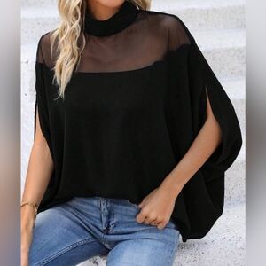 * New Chic Sheer Shoulder Mock Neck Flowy Blouse Top Black